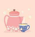 Coffee time and tea, teapot and cup aroma fresh flowers decoration Royalty Free Stock Photo