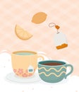 Coffee time, teacup and coffee cup tea bag lemon fresh beverage