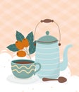 Coffee time, teapot coffee cup spoon seeds fresh beverage