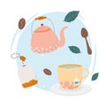 Coffee time, teapot teacup tea bag spoon fresh beverage Royalty Free Stock Photo