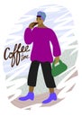 Coffee time. Woman is walking on the street with coffee mug.