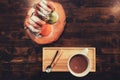 Coffee time in the wood table cafe , drink coffee and tasty cake. Brown, life. Royalty Free Stock Photo