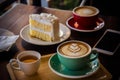 Coffee time in the wood table cafe , drink coffee and tasty cake Royalty Free Stock Photo