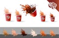 Coffee To Go. Coffee and Milk. Red Ripple Cups and Splashes Isolated on a White Background