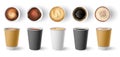 Coffee to go cup. Paper cappuccino cups top and side view. Hot americano, espresso and latte in cardboard takeaway Royalty Free Stock Photo