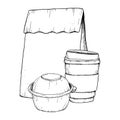 Coffee to go cup, takeaway donut container and paper craft bag vector black and white illustration for breakfast Royalty Free Stock Photo