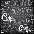 Coffee to go, cups, mugs, beans and lettering types Royalty Free Stock Photo