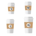 Coffee to go different sizes sign. flat style. Coffee cup size S M L XL icons on white background. take-away hot cup sizes symbol Royalty Free Stock Photo