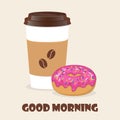 Coffee to go and donut. Vector illustration for discount voucher, flyer, cafe menu, advertising poster