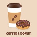 Coffee to go and donut. Vector illustration for discount voucher, flyer, cafe menu, advertising poster