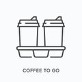 Coffee to go flat line icon. Vector outline illustration of two paper cup and cupholder . Black thin linear pictogram
