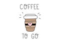 Coffee to go. Hand drawn lettering illustration. Flat doodle style. Paper cup with a cupholder and heart symbol.