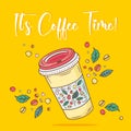 Coffee to go. Thermo cup for take away coffee. Tumblers with cap, handle and straw. Reusable cups and thermo mug. Vector