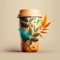 Coffee to go with tropical leaves. 3d illustration. Royalty Free Stock Photo