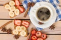 Coffee and toast with strawberries and bananas Royalty Free Stock Photo