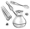 Spoon and Brewing Pot, Cinnamon and Bean Vector Royalty Free Stock Photo