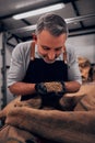 Coffee trader takes a handful of fresh roastery coffee beans to check the quality. Vertical photo