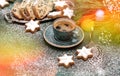 Coffee traditional Christmas cake Stollen cookies vintage lights