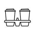 Coffee tray icon. Two takeaway paper coffee cups in carton holder. Coffee to go