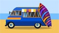 Illustration of the colorful van with surfboard on the yellow sand Royalty Free Stock Photo