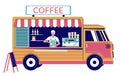 Coffee truck with barista making hot energy drink, vector illustration. Street food van, bus, mobile coffee shop, cafe. Royalty Free Stock Photo