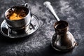 Coffee. Turkish coffee. Armenian Turkish coffee. Cezve and cup of coffee. Traditional serving coffee Royalty Free Stock Photo