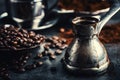 Coffee. Turkish coffee. Armenian Turkish coffee. Cezve and cup of coffee. Traditional serving coffee Royalty Free Stock Photo