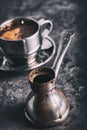 Coffee. Turkish coffee. Armenian Turkish coffee. Cezve and cup of coffee. Traditional serving coffee Royalty Free Stock Photo