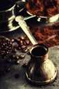 Coffee. Turkish coffee. Armenian Turkish coffee. Cezve and cup of coffee. Traditional serving coffee Royalty Free Stock Photo