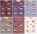 Coffee types vector banners set. Coffee types preparation infographics. Different colour schemes