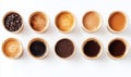 Coffee varieties displayed in cups, showcasing different brewing methods and flavors. Various coffee types, from beans Royalty Free Stock Photo
