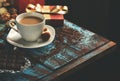 Coffee with variety of candy, chocolate bar and gift box Royalty Free Stock Photo