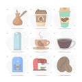 coffee vector flat illustration, cup, beans. Coffee to go, coffee maker, turka. milk box