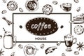 Coffee vector poster. llustrations in sketch style. Cards collection. Hand drawn design elements. Vector Template. Royalty Free Stock Photo