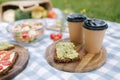 Coffee on vegan picnic. Fresh salad with vegan sanwich on blue checkered blanket in park