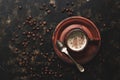 Coffee in a vintage brown ceramic cup on a dark grunge background with roasted coffee beans. Top view, copy space Royalty Free Stock Photo