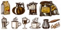 Coffee in vintage style. A bag of grain, cinnamon sticks, a cup and a teapot, a coffee maker. Hand drawn engraved retro