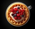 Coffee and waffles with whipped cream and raspberries. Coffee Concept With Copy Space