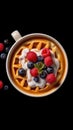 Coffee and waffles with whipped cream and raspberries. Coffee Concept With Copy Space