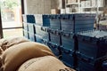 Lidded storage crates and bags with coffee beans