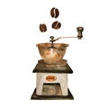 Coffee watercolor collection on isolated white: coffee mill, coffee maker, beans, spices, cup of coffee Royalty Free Stock Photo