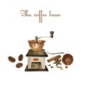 Coffee watercolor collection on isolated white: coffee mill, coffee maker, beans, spices, cup of coffee Royalty Free Stock Photo