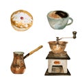 Coffee watercolor collection on isolated white: coffee mill, coffee maker, beans, spices, cup of coffee Royalty Free Stock Photo