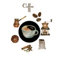 Coffee watercolor collection on isolated white: coffee mill, coffee maker, beans, spices, cup of coffee Royalty Free Stock Photo