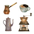 Coffee watercolor collection on isolated white: coffee mill, coffee maker, beans, spices, cup of coffee Royalty Free Stock Photo