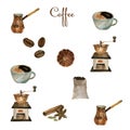 Coffee watercolor collection on isolated white: coffee mill, coffee maker, beans, spices, cup of coffee Royalty Free Stock Photo