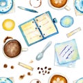 Coffee watercolor seamless pattern with notes, dairy and cups