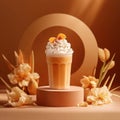 Coffee with whipped cream on a brown background with flowers. Royalty Free Stock Photo
