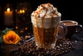 Coffee with whipped cream in a glass on a dark background
