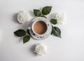 Coffee whit white roses and green leaves. Royalty Free Stock Photo
